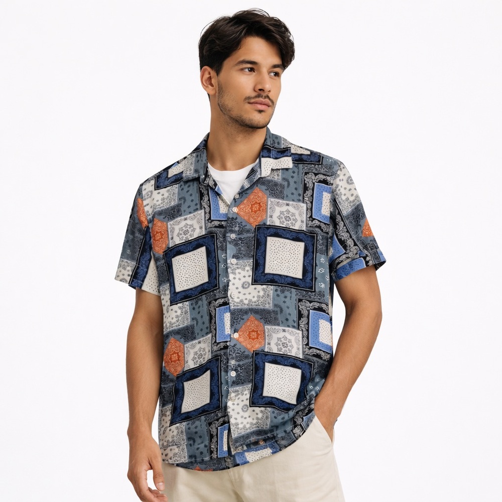H&M Bandana Patchwork Button Up Shirt Size Large Blue Camp Collar